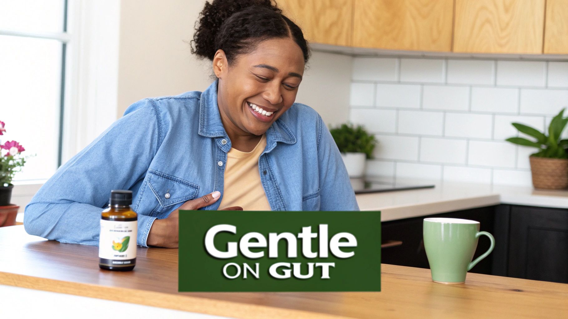 A woman smiling while sitting at a kitchen counter with a supplement bottle and a "Gentle ON GUT" sign.
