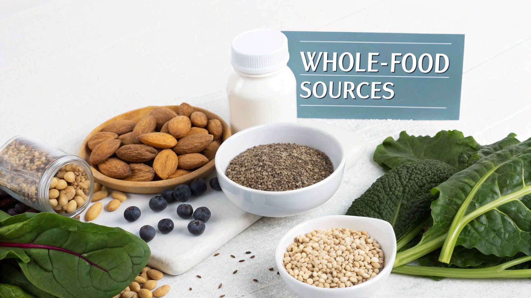 A variety of whole-food sources including almonds, blueberries, flax seeds, quinoa, and leafy greens.