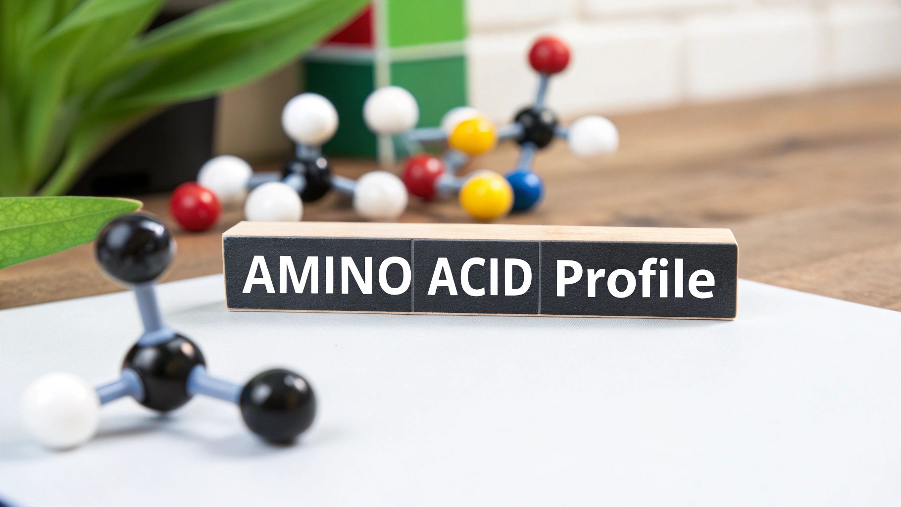 Amino acid profile text with colorful molecular structure models on wooden desk