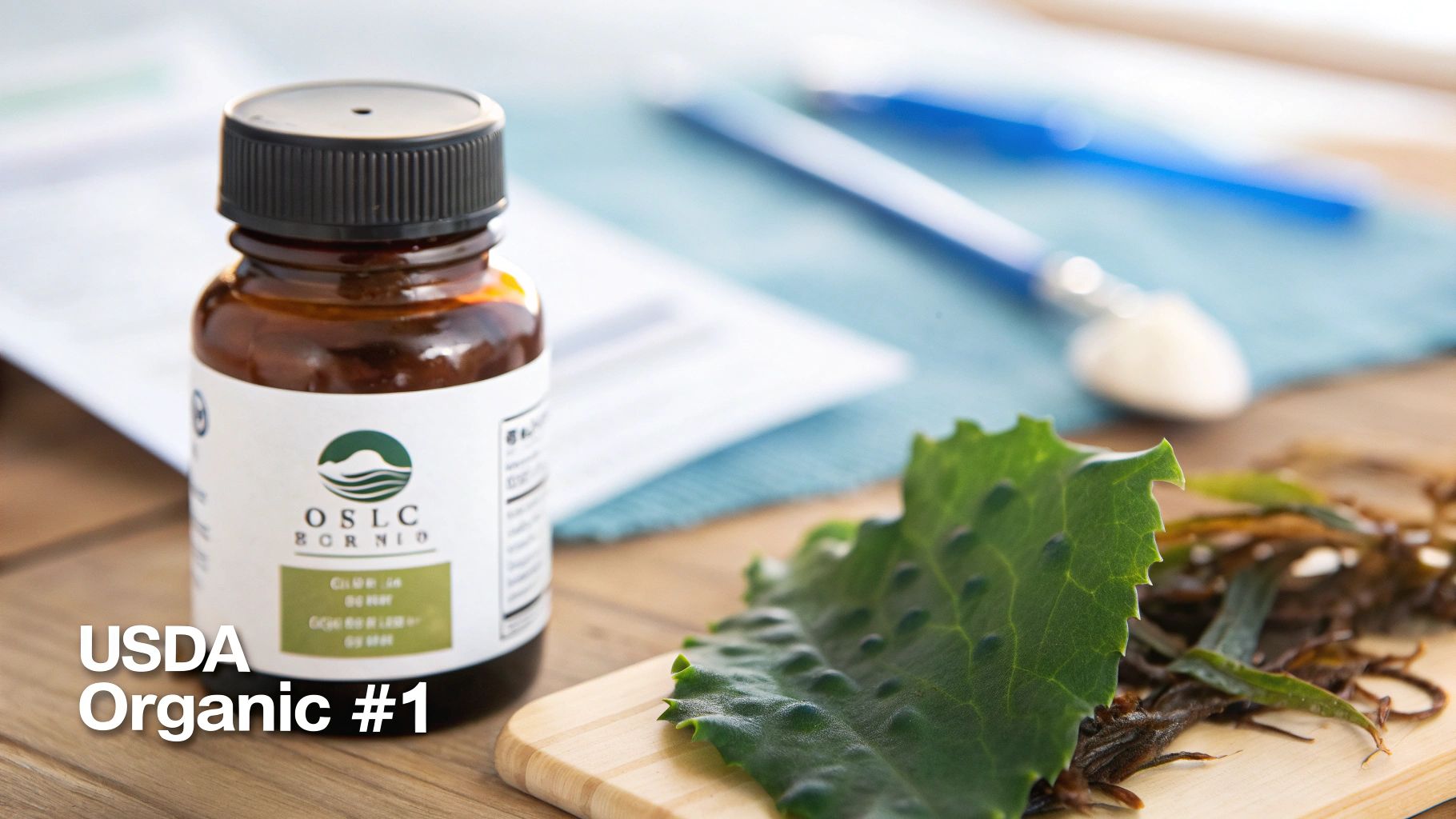 A bottle of OSLC Organic supplement, fresh kelp, and dried seaweed on a wooden board.