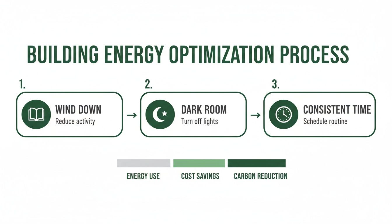 A three-step building energy optimization process including wind down, dark room, and consistent time.