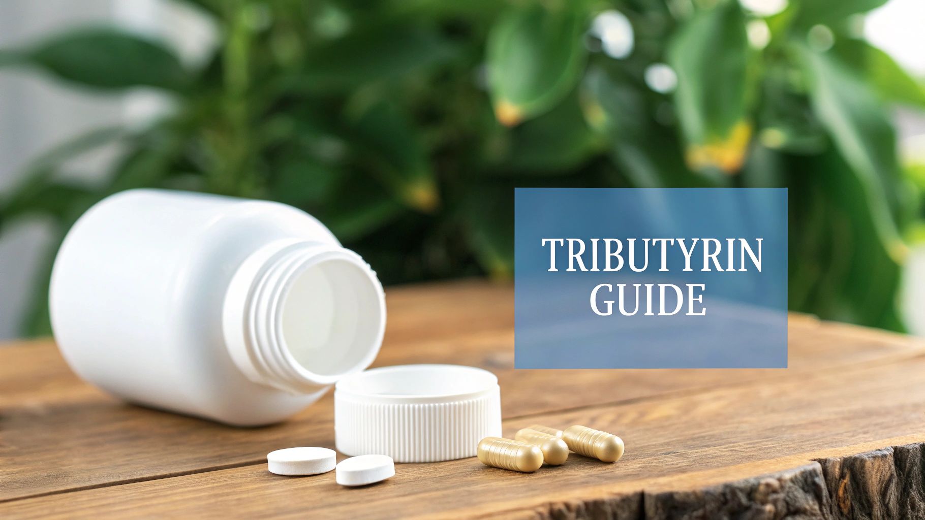 A white supplement bottle, pills, and capsules on a wooden surface, with a 'TRIBUTYRIN GUIDE' text box.