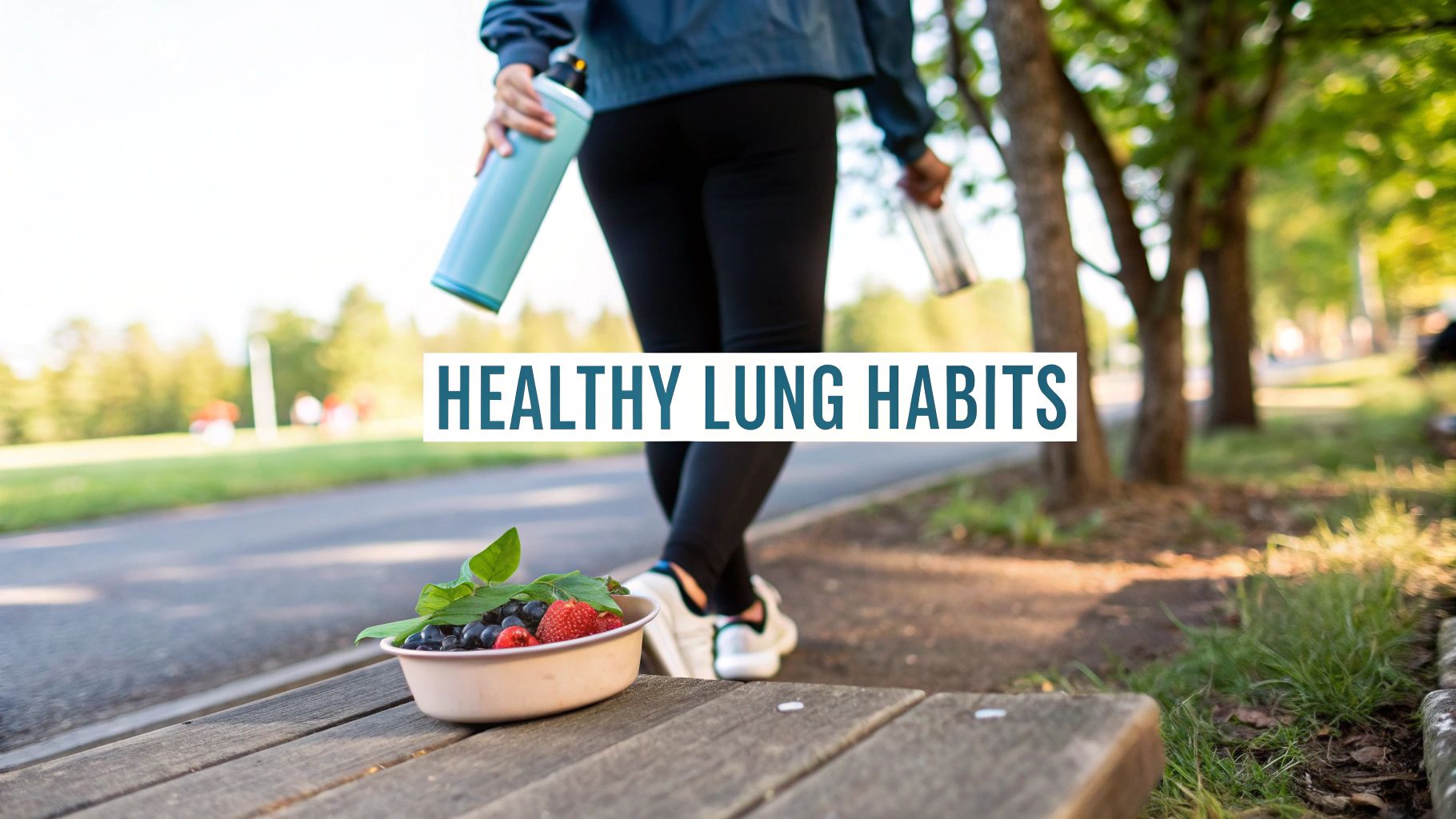 A person walks in a park holding water bottles, next to a bowl of berries, illustrating healthy lung habits.