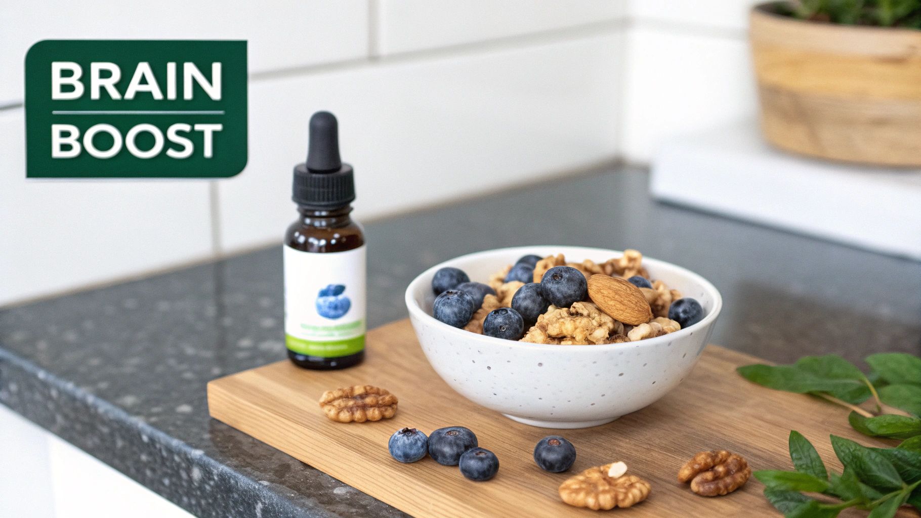 A "BRAIN BOOST" supplement bottle with blueberries, walnuts, and an almond, on a wooden board.