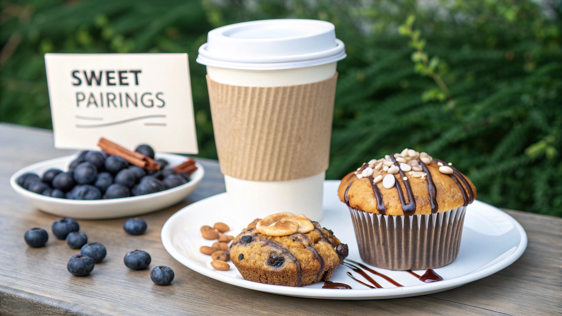 A coffee cup, two chocolate-drizzled muffins, and fresh blueberries on a rustic wooden table with a 'Sweet Pairings' sign.