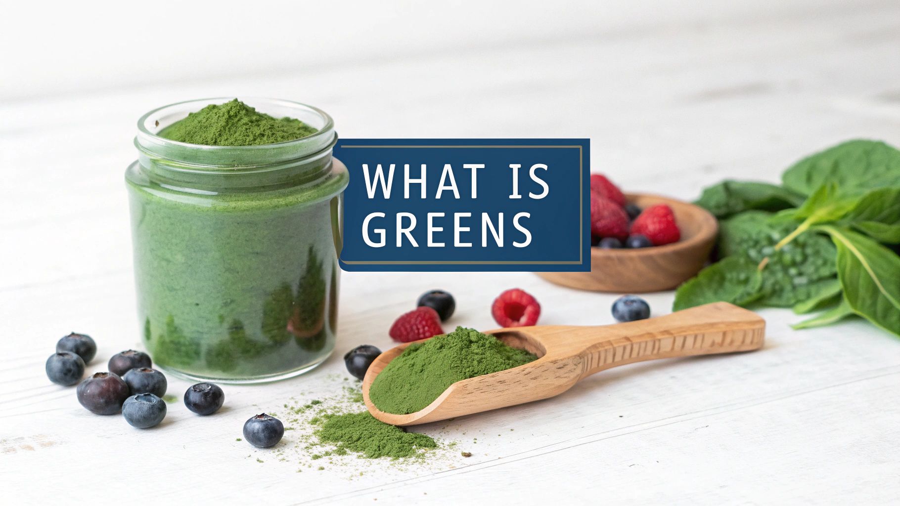 A scoop of greens powder being poured into a glass of water, with fresh vegetables in the background.