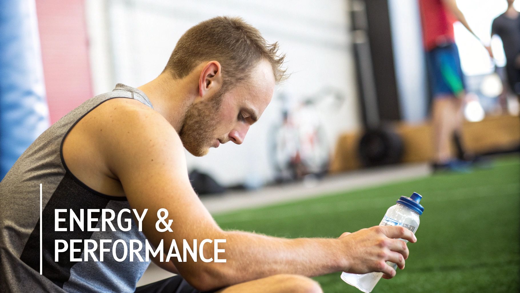 Male athlete resting in a gym, holding a water bottle, with 'ENERGY & PERFORMANCE' text.