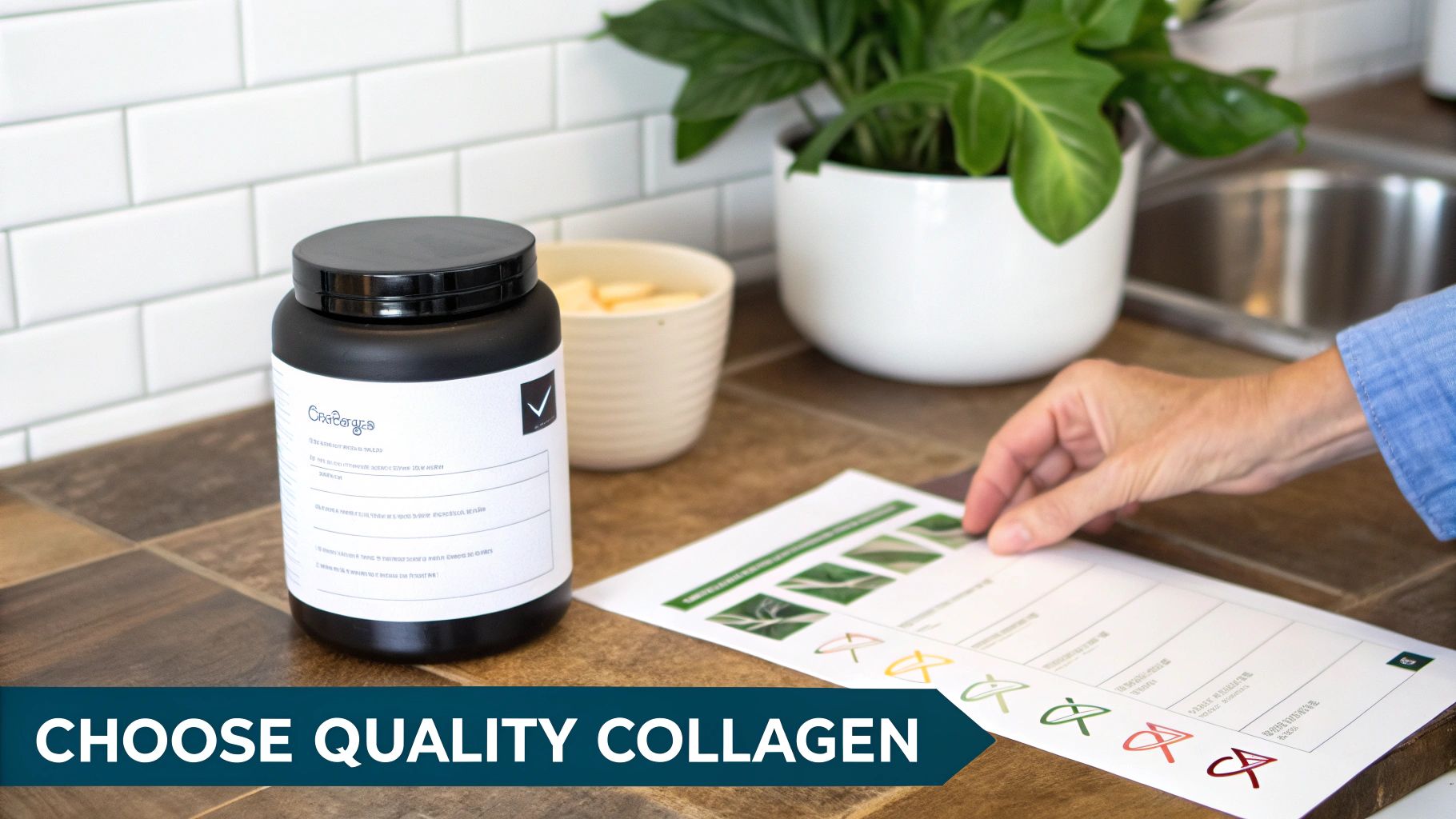 A hand reviews a document next to a black collagen supplement container on a kitchen counter, promoting quality.