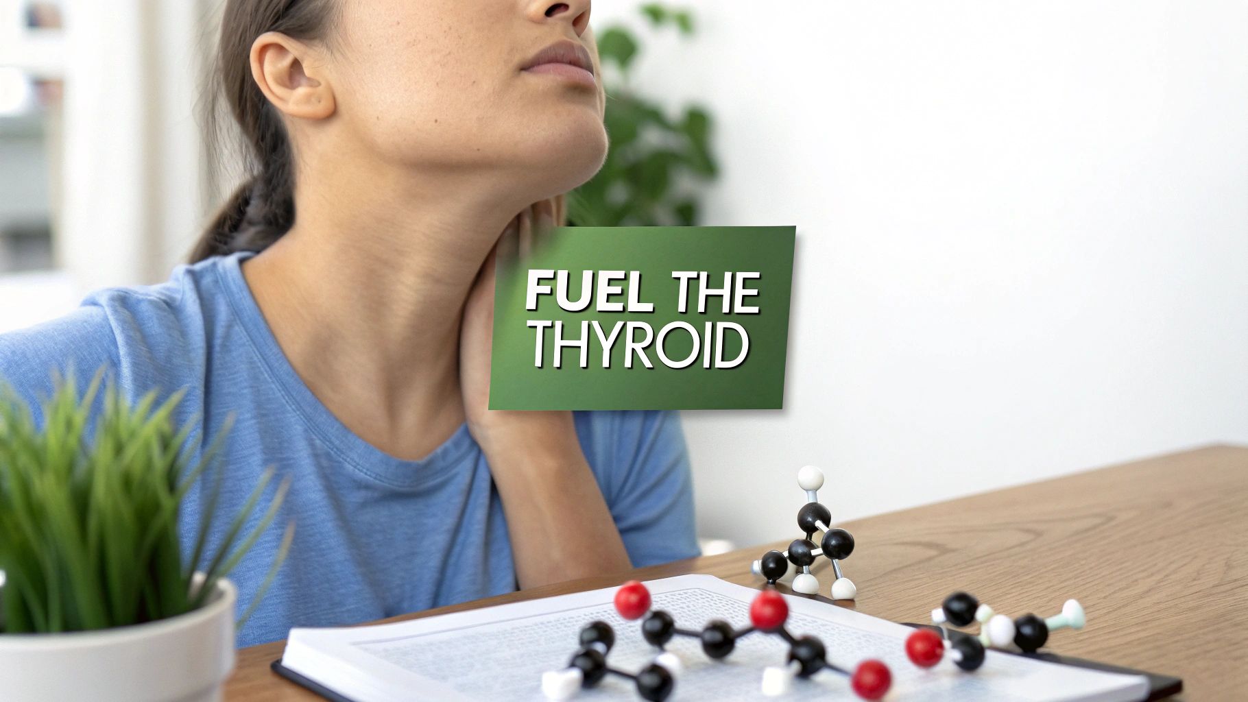 A woman touches her neck near a 'FUEL THE THYROID' sign, next to molecular models on a desk.