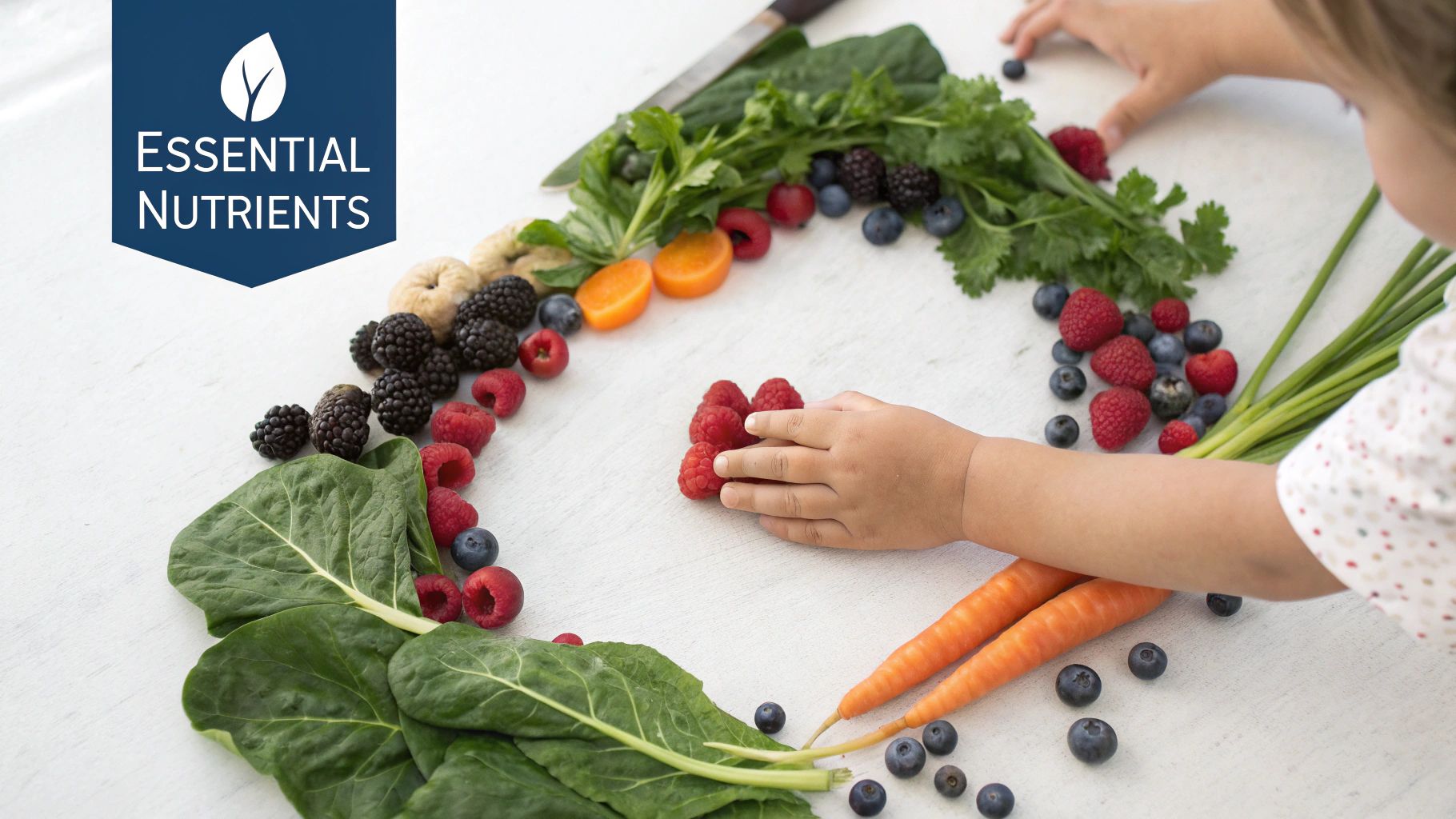 A child's hands arrange colorful fresh fruits and vegetables into a heart shape, highlighting essential nutrients.