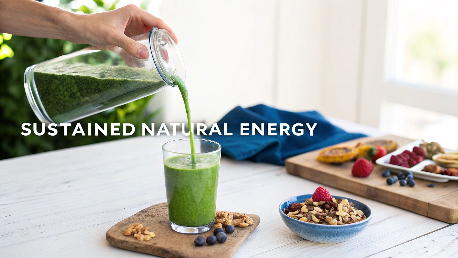 A person energetically blending a green smoothie in their kitchen.