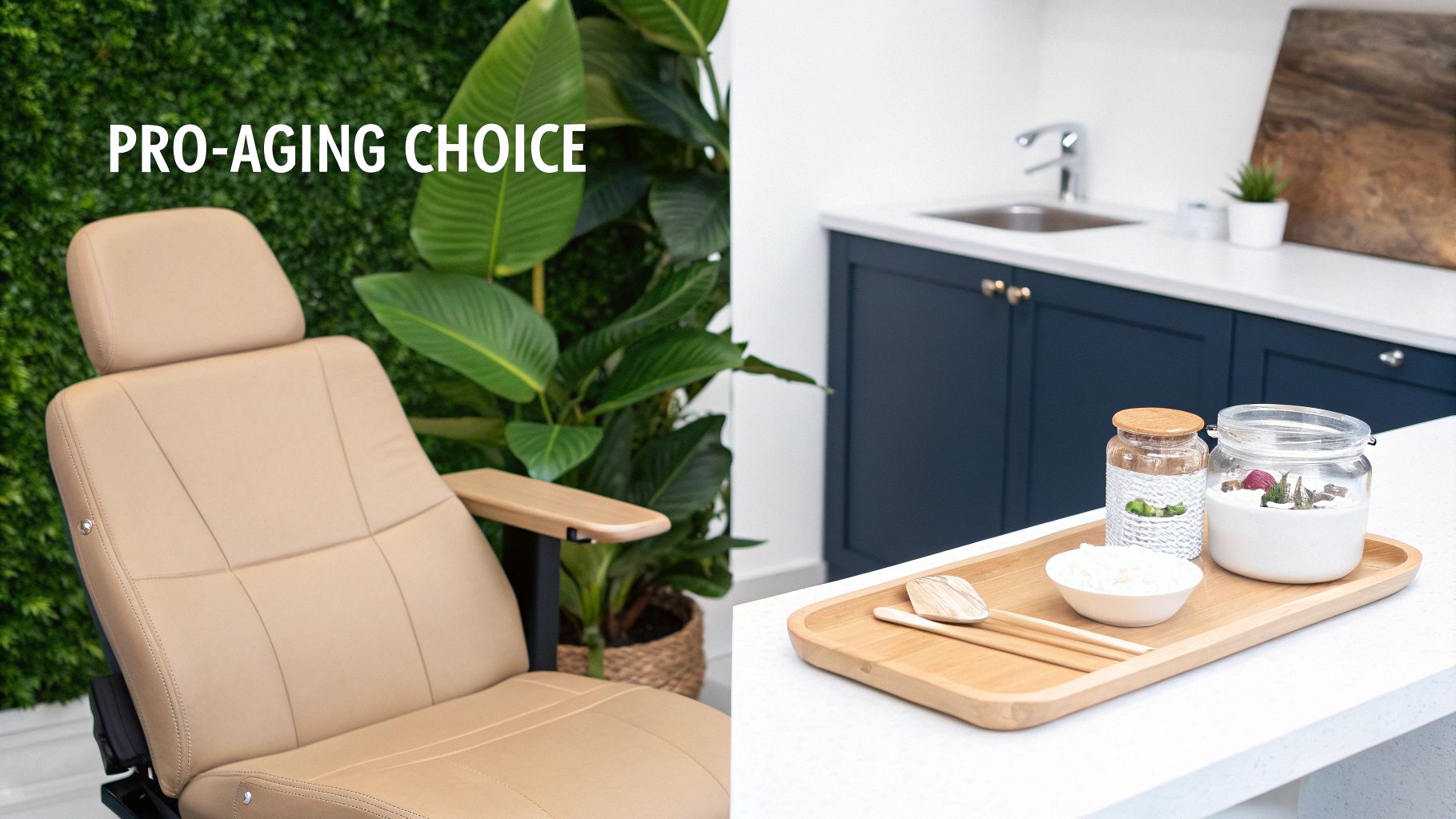 A comfortable treatment chair and a wellness station with jars of beauty products, promoting a pro-aging choice.