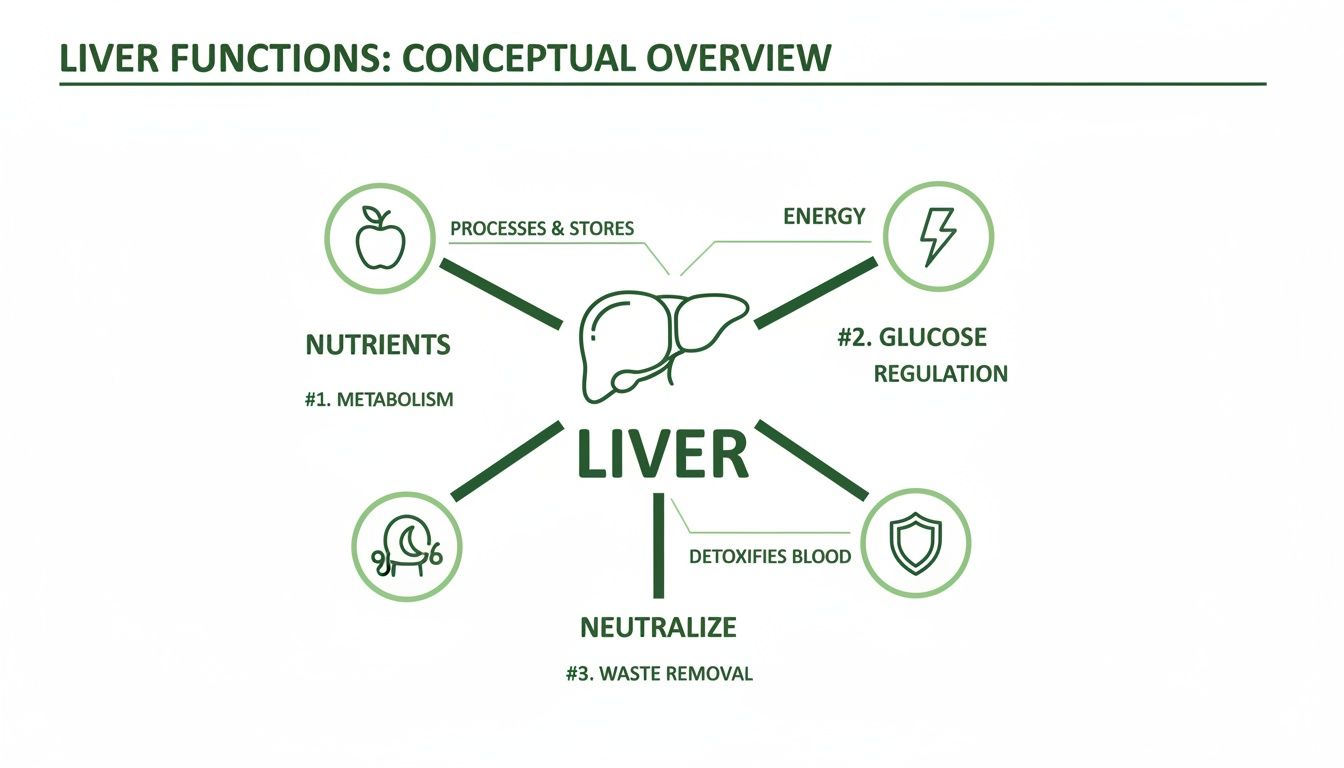 A conceptual overview diagram illustrating the liver's functions in metabolism, glucose regulation, and waste removal.