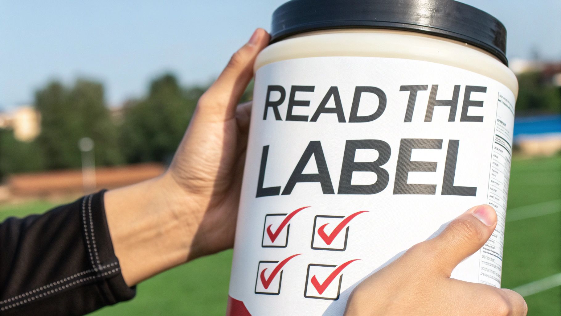 A person holds a large supplement jar with "READ THE LABEL" and checkmarks, emphasizing product awareness.