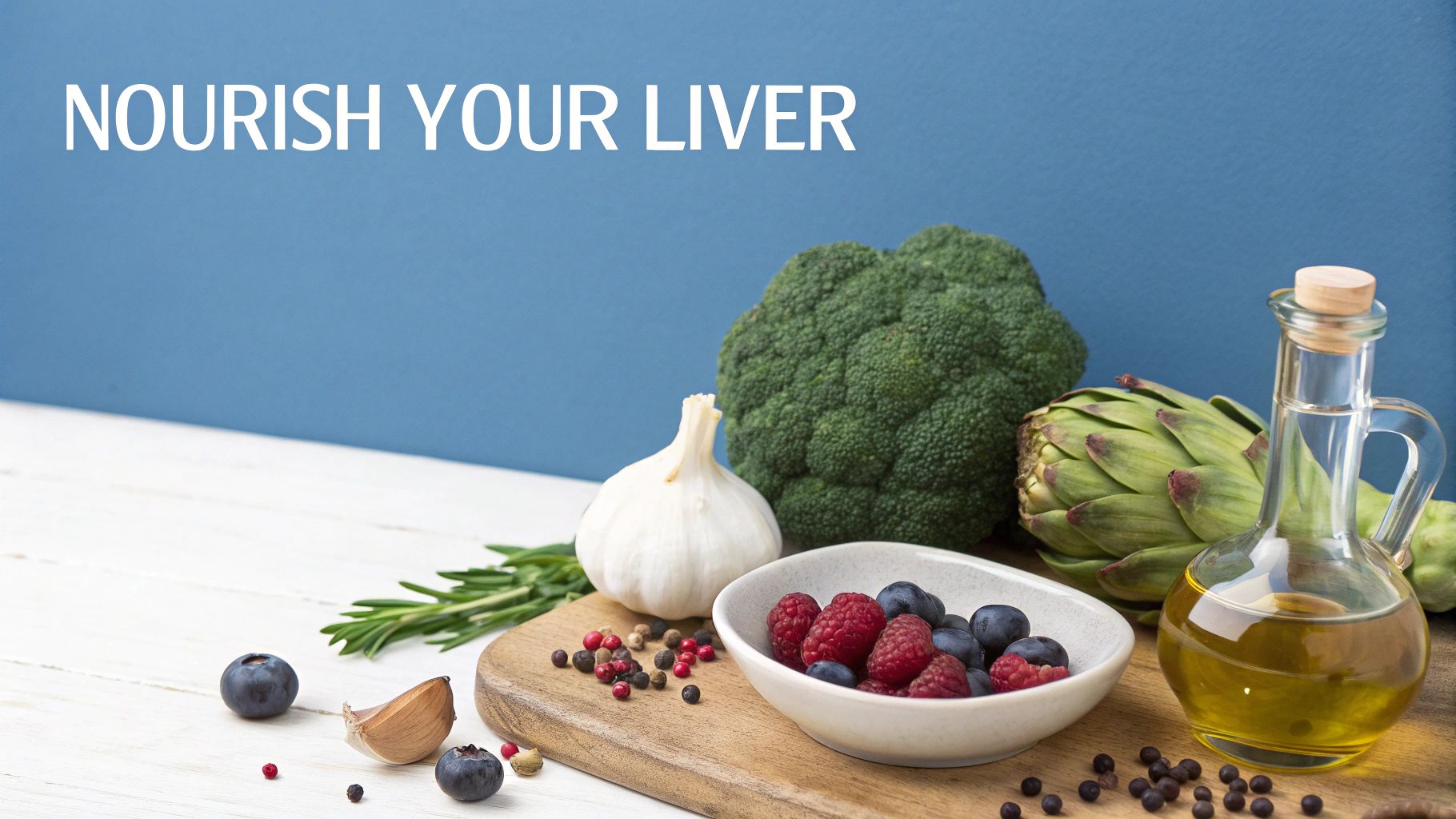 Healthy foods like broccoli, berries, garlic, and olive oil for liver nourishment.