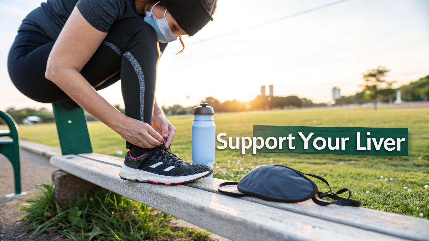 A person wearing a mask and athletic gear ties a running shoe on a park bench at sunset.