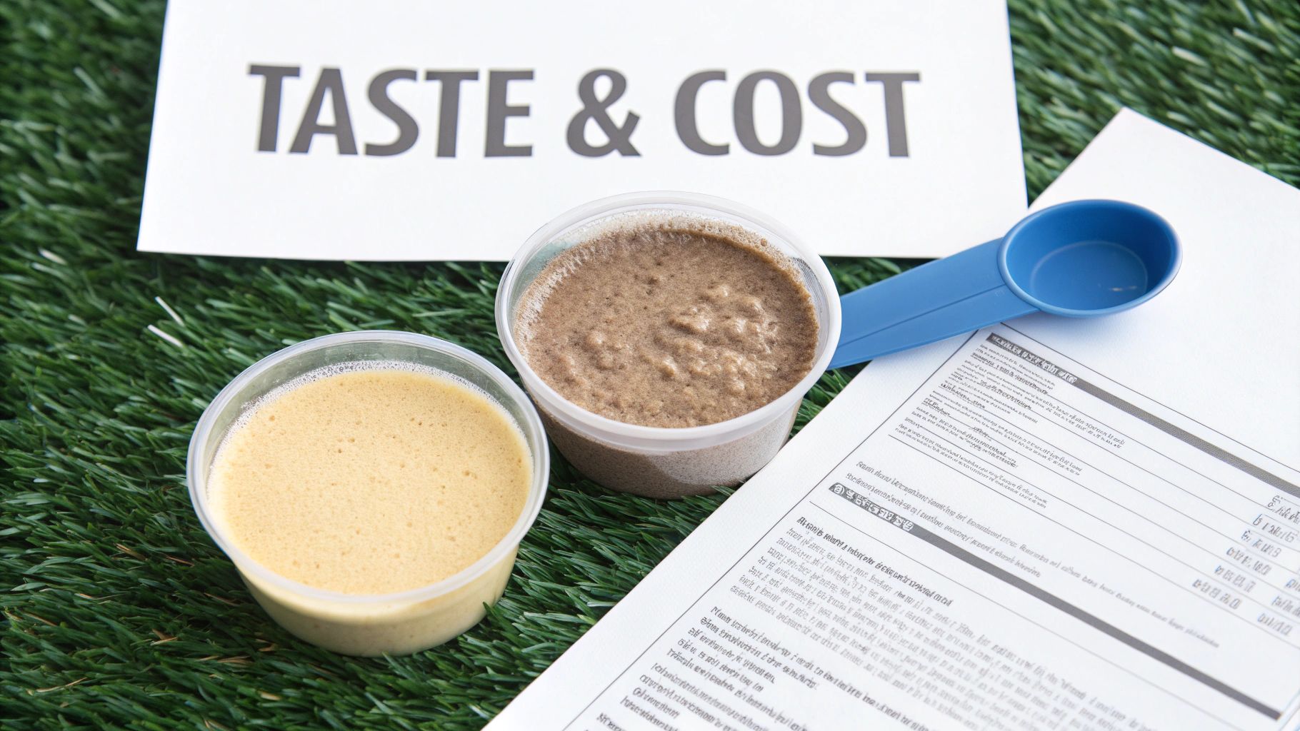 Two cups of protein (whey and egg) on artificial grass with 'Taste & Cost' sign for comparison.
