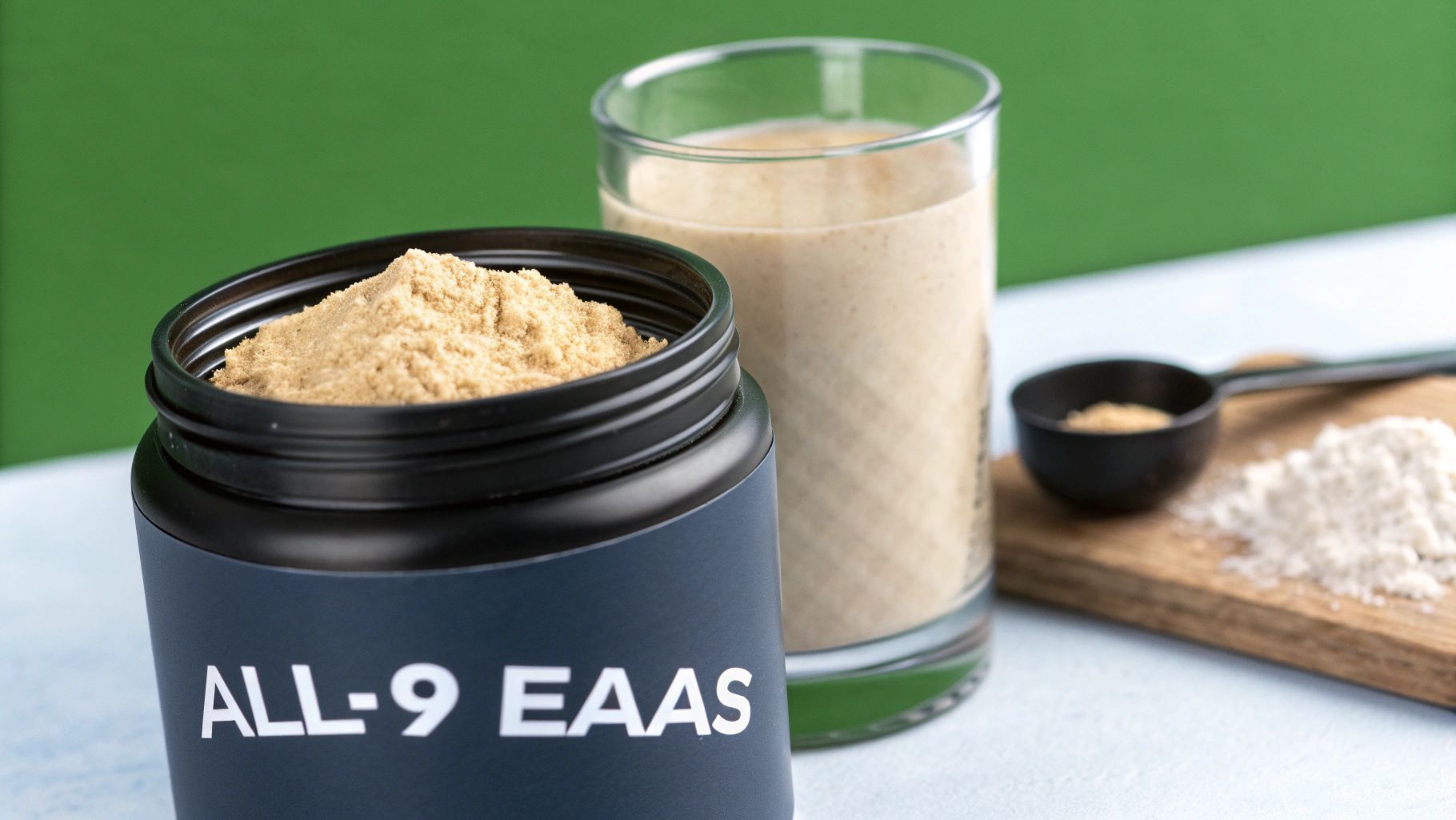 A black container of ALL-9 EAAs amino acid powder, a glass of supplement drink, and a scoop.