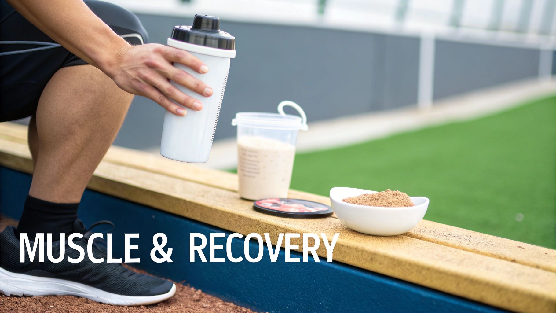 Athlete holding a protein shaker, with powder and a shake on a bench for muscle recovery.