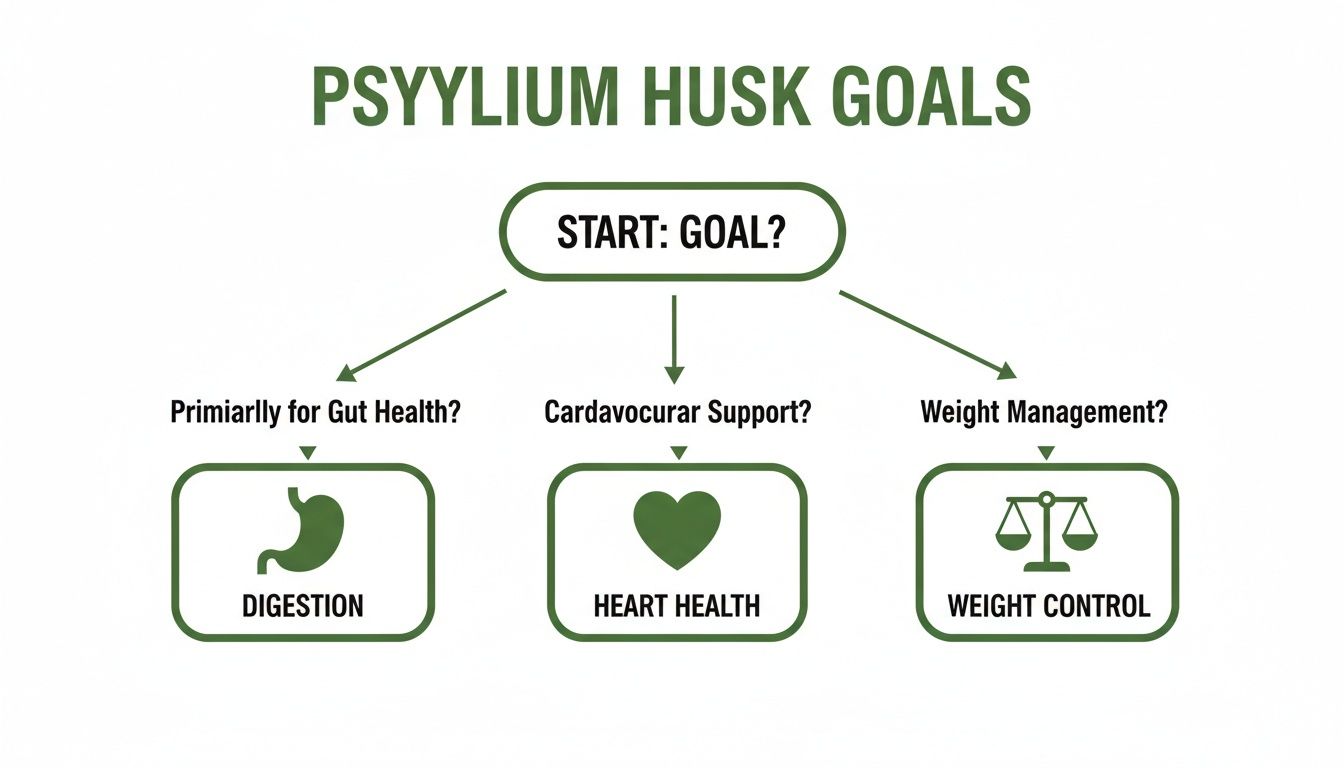 A flowchart outlining psyllium husk goals: digestion, heart health, and weight control.