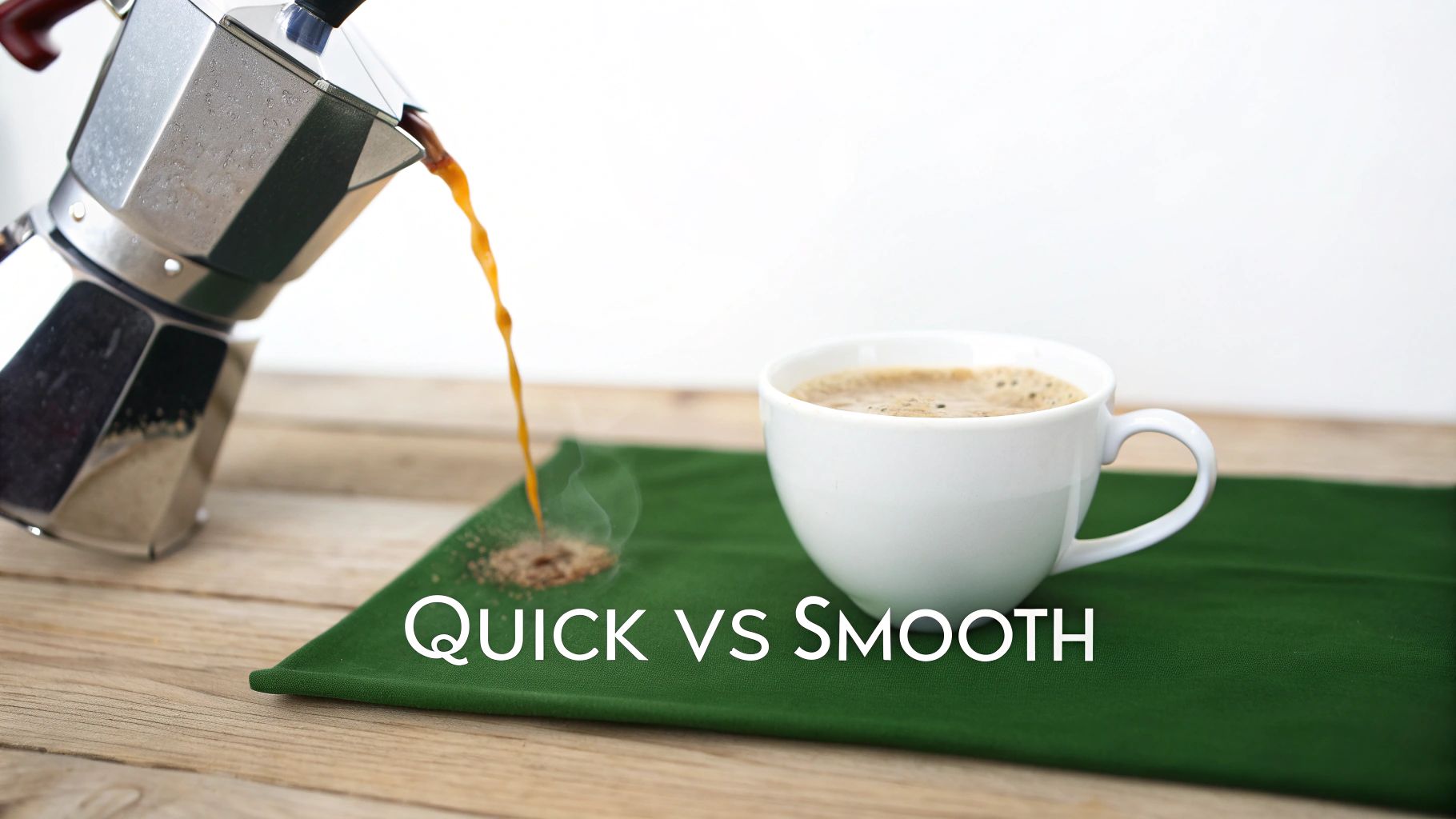 A person pouring steaming mushroom coffee into a mug, with a relaxed and focused expression.