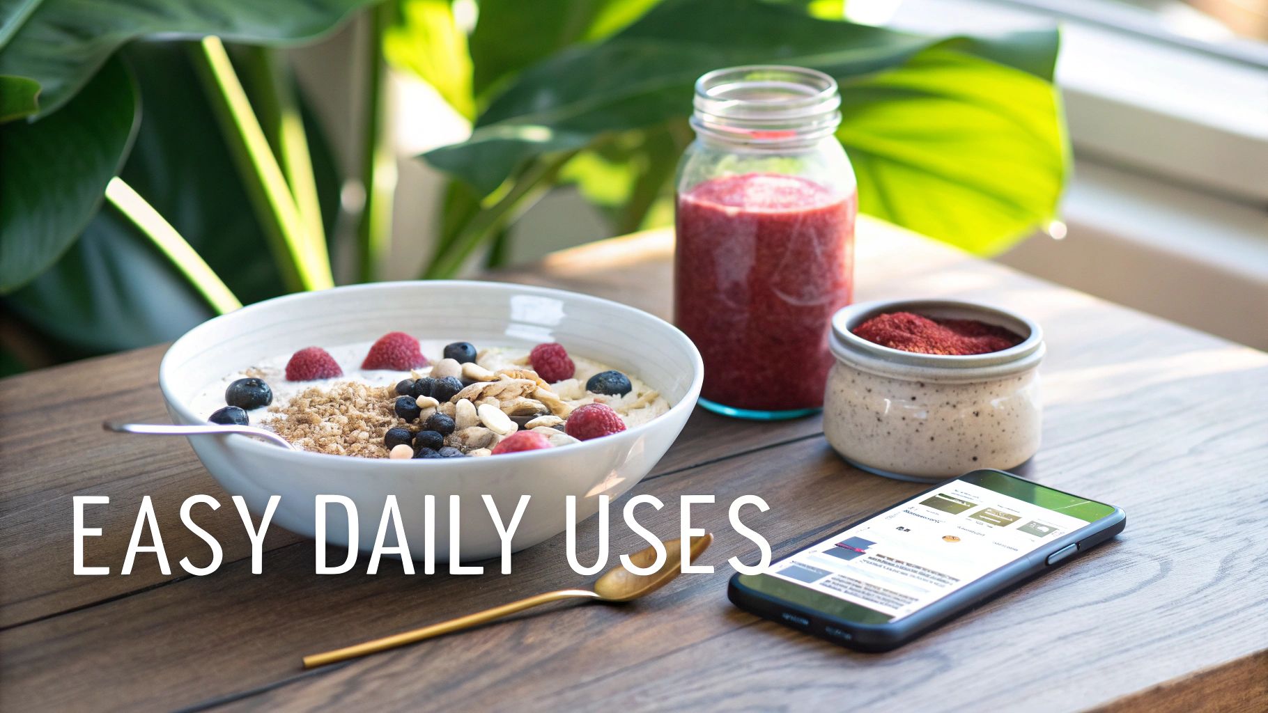 A healthy breakfast spread featuring a berry and granola bowl, a red smoothie, and superfood powder on a wooden table, next to a smartphone.