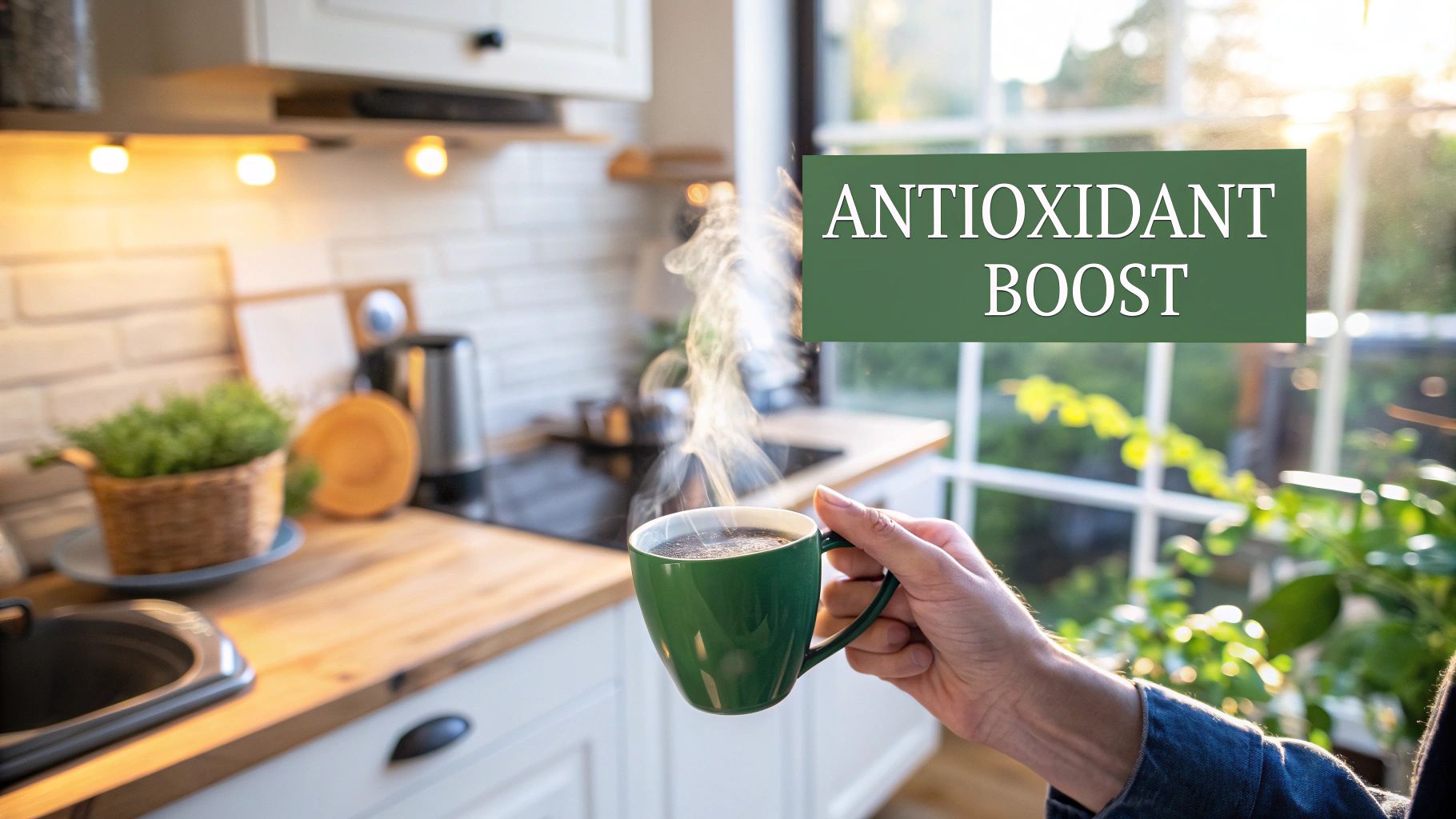 A cup of organic coffee surrounded by fresh coffee beans, highlighting its antioxidant-rich nature.