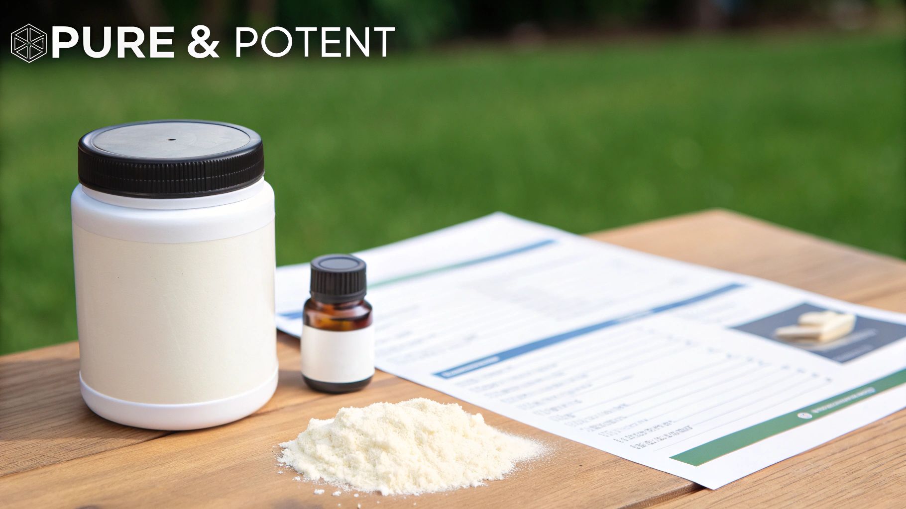 Outdoor shot of a collagen powder jar, essential oil bottle, and loose powder on a wooden table.