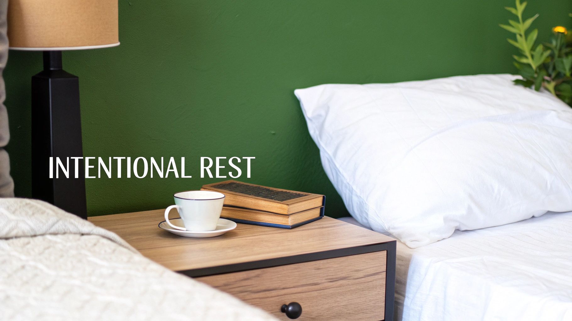 A cozy bedroom scene with a bedside table, lamp, books, and coffee cup, promoting intentional rest.