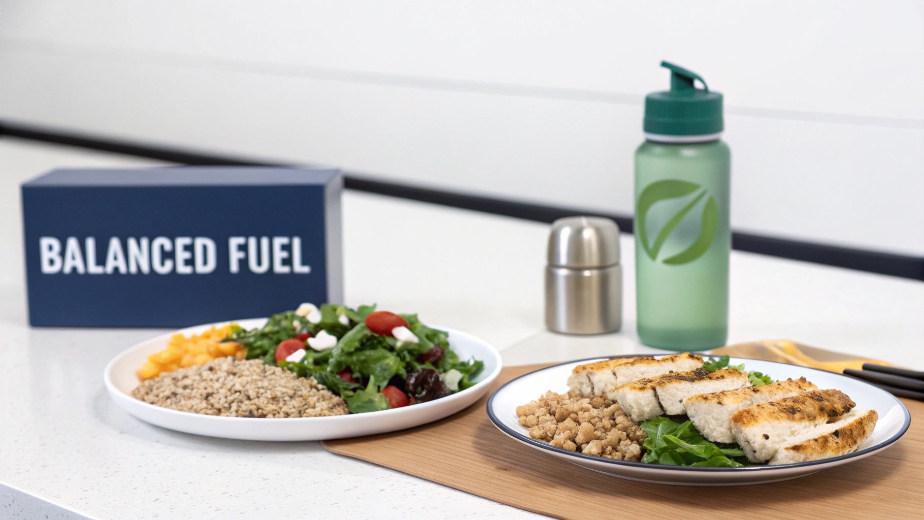Two plates of balanced, healthy meals, a 'BALANCED FUEL' box, and a green water bottle.