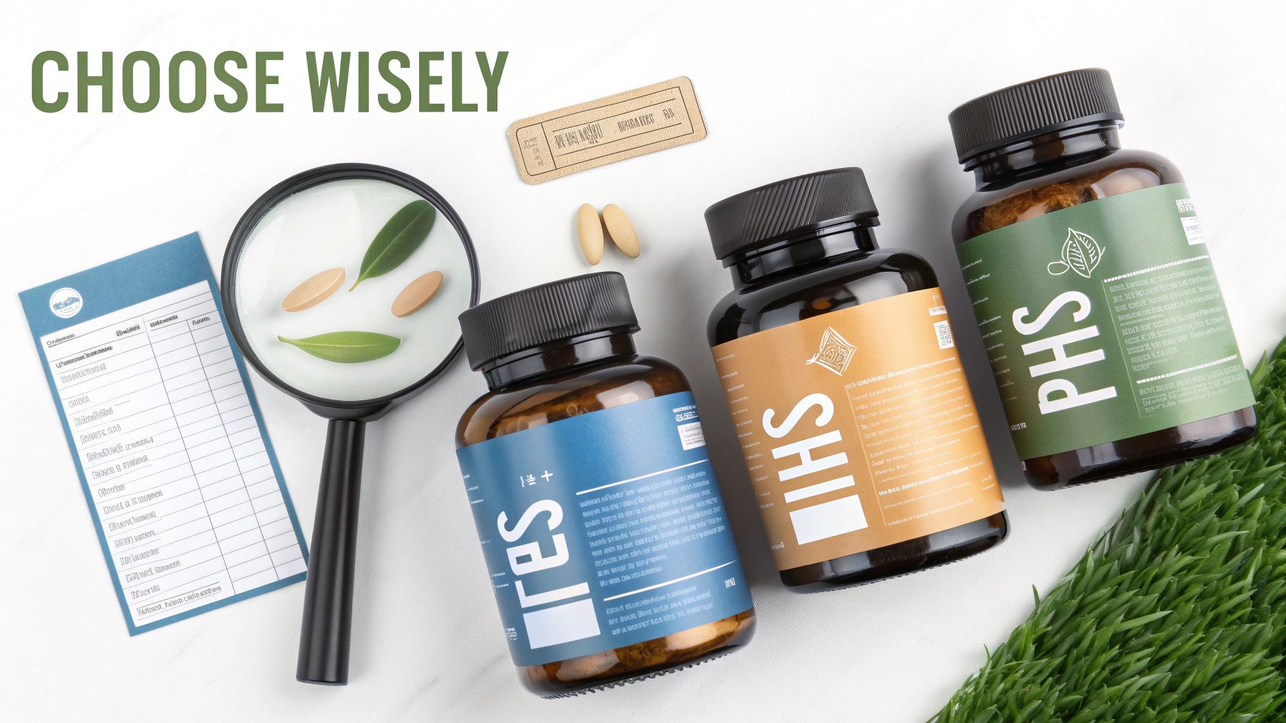 Assortment of supplement bottles, pills, a magnifying glass, and a checklist with 'CHOOSE WISELY'.