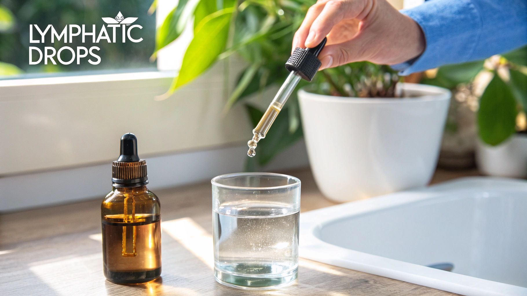 A person adding 'Lymphatic Drops' from a dropper bottle into a glass of water on a counter.