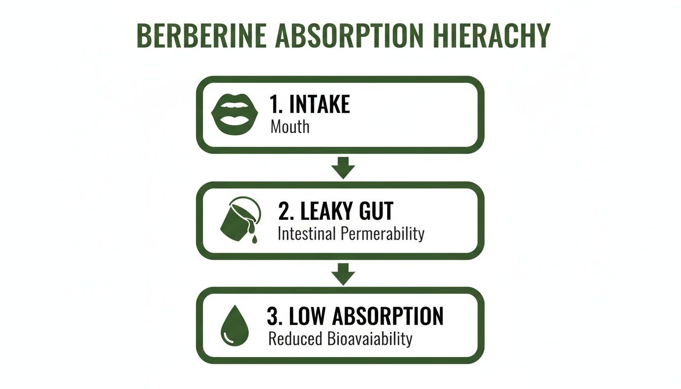 Diagram illustrating the berberine absorption hierarchy, showing steps from intake to low absorption due to intestinal permeability.