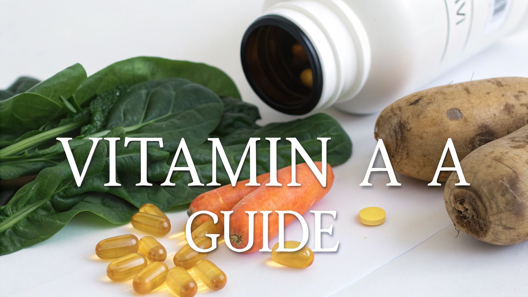 Spinach, carrots, and root vegetables displayed with vitamin A supplements and pills.