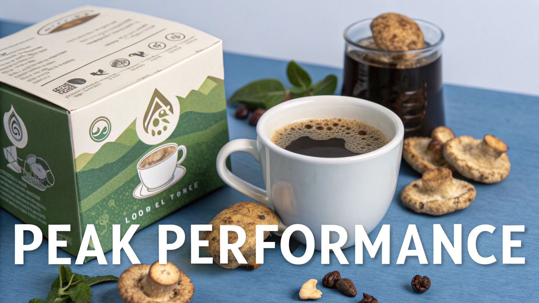 Mushroom coffee box, mug, glass, and dried mushrooms on a blue table with 'PEAK PERFORMANCE' text.