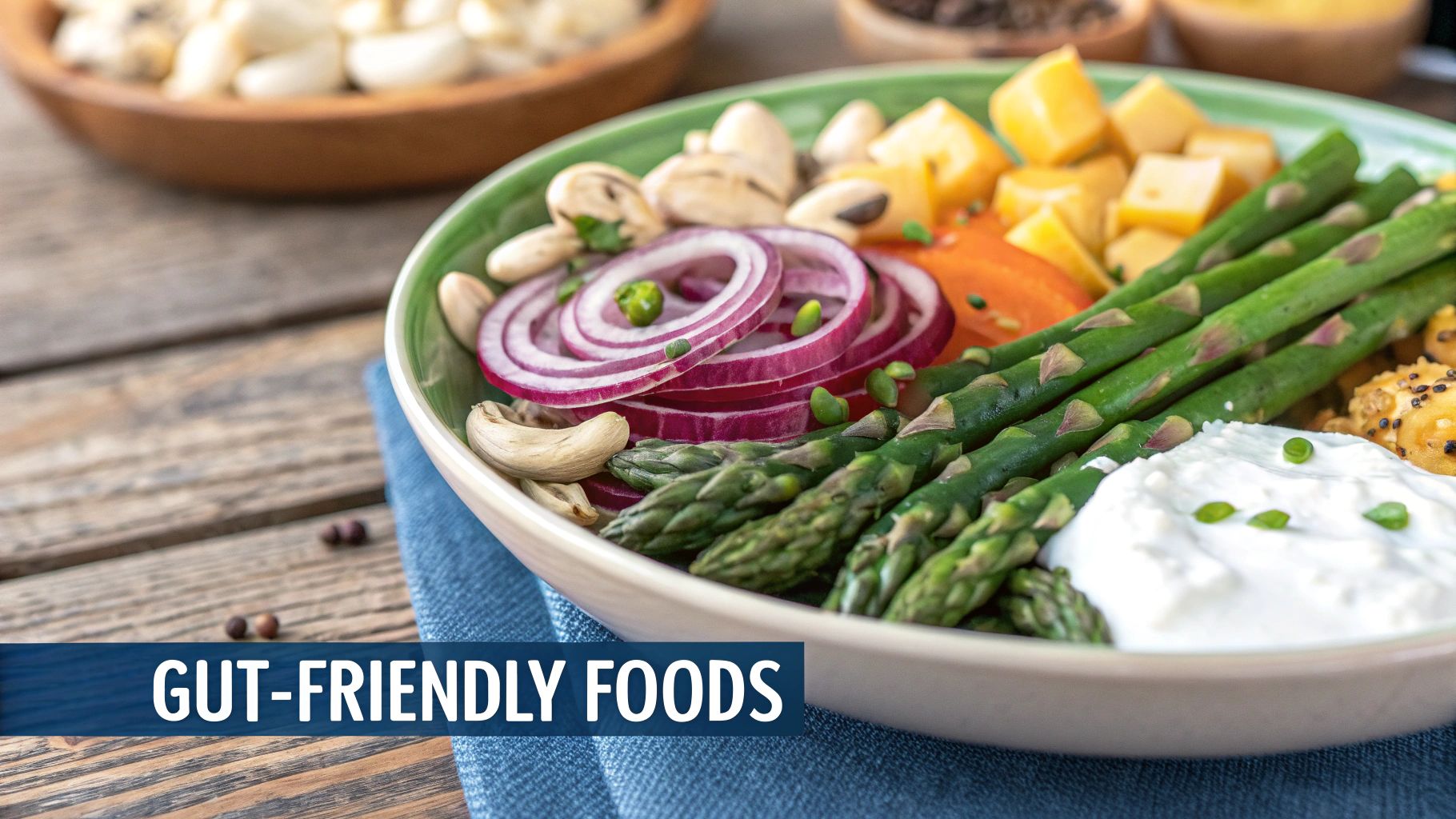 A vibrant spread of gut-healthy foods like colorful vegetables, fermented items in jars, and whole grains on a wooden table.