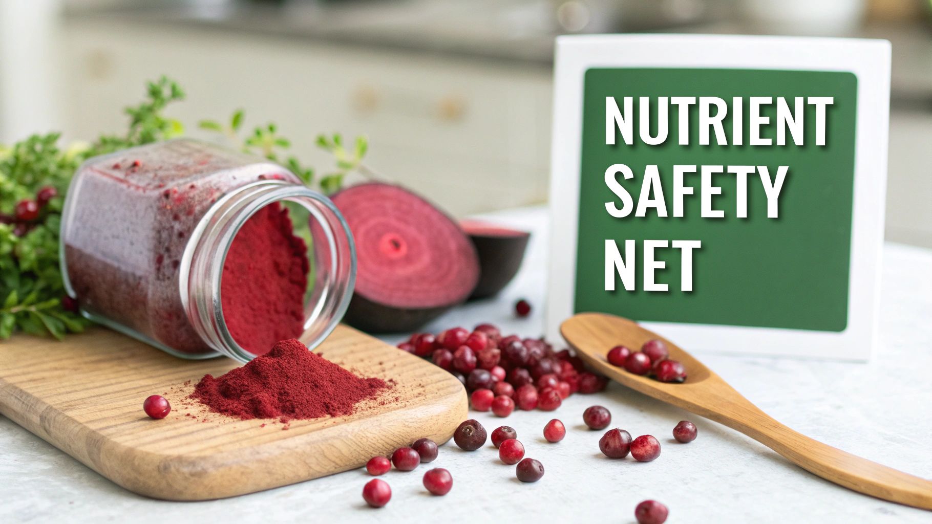 Red superfood powder spilled from a jar, with cranberries, beetroot, and a 'NUTRIENT SAFETY NET' sign.