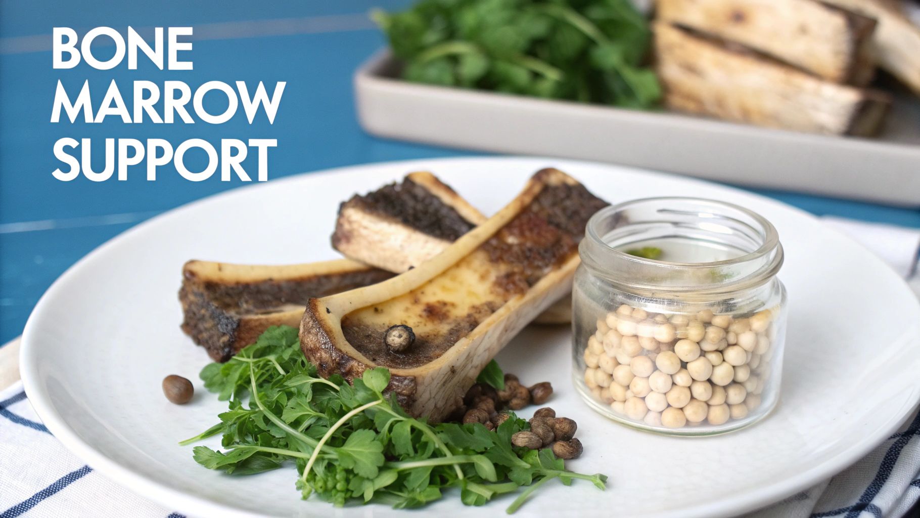 Roasted bone marrow on a plate with fresh greens, various spices, and a jar of white peppercorns.