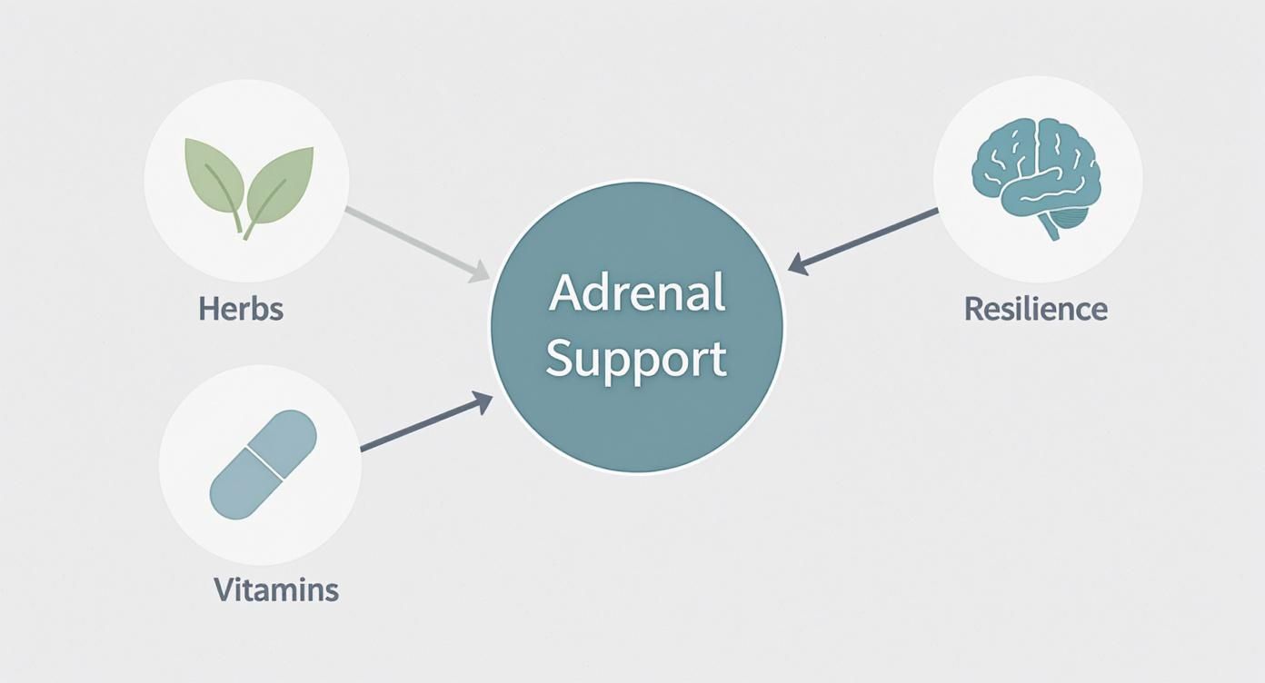 Diagram showing herbs, vitamins, and resilience contributing to adrenal support and health