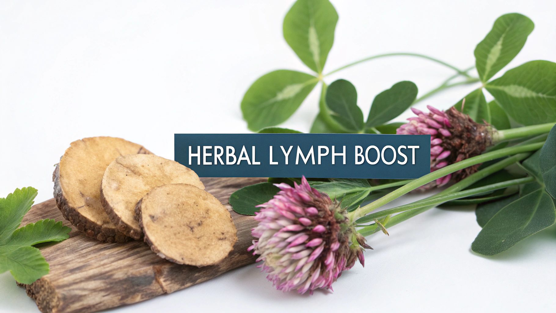 Herbal lymph boost ingredients, including red clover flowers and burdock root slices on wood.