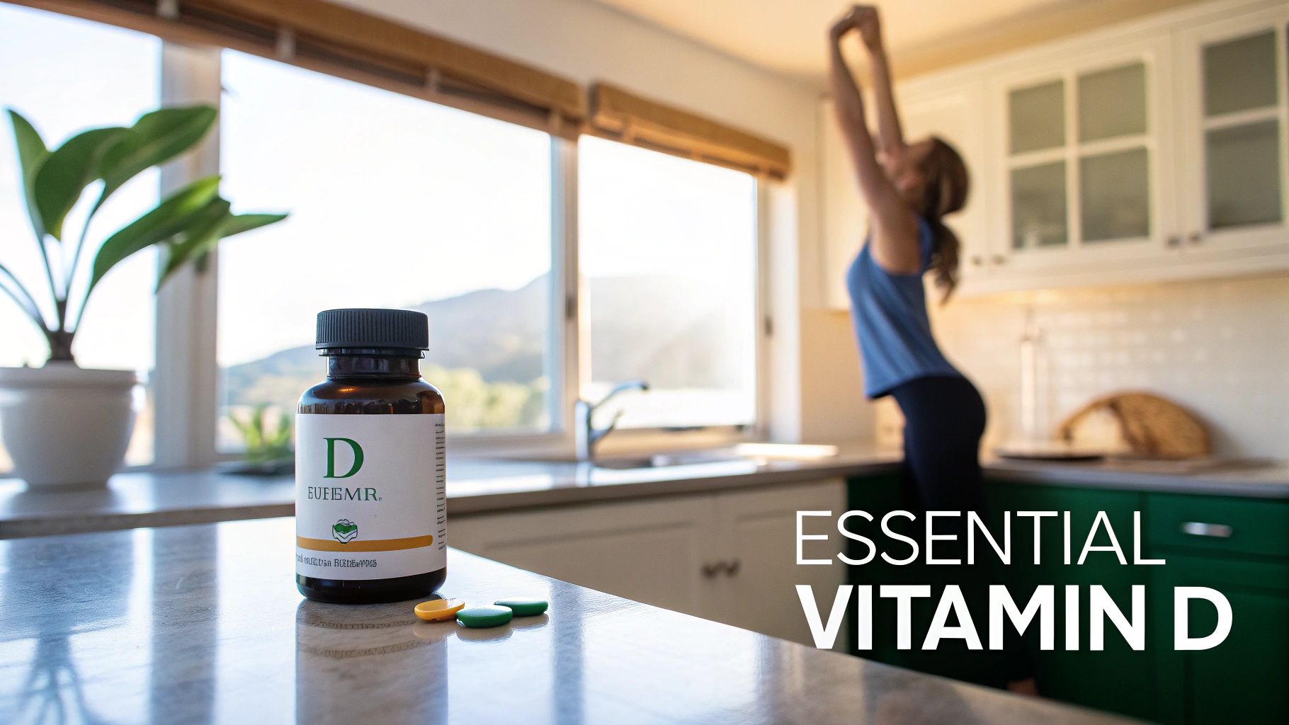 Person holding a vitamin D supplement capsule between their fingers, with a soft, natural light background.