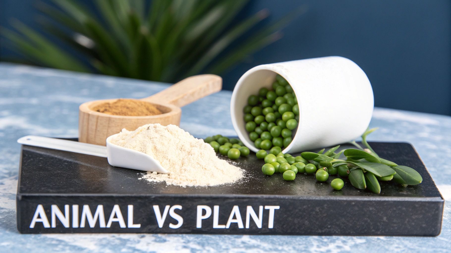A scoop of animal-based protein powder next to a scoop of plant-based protein powder.