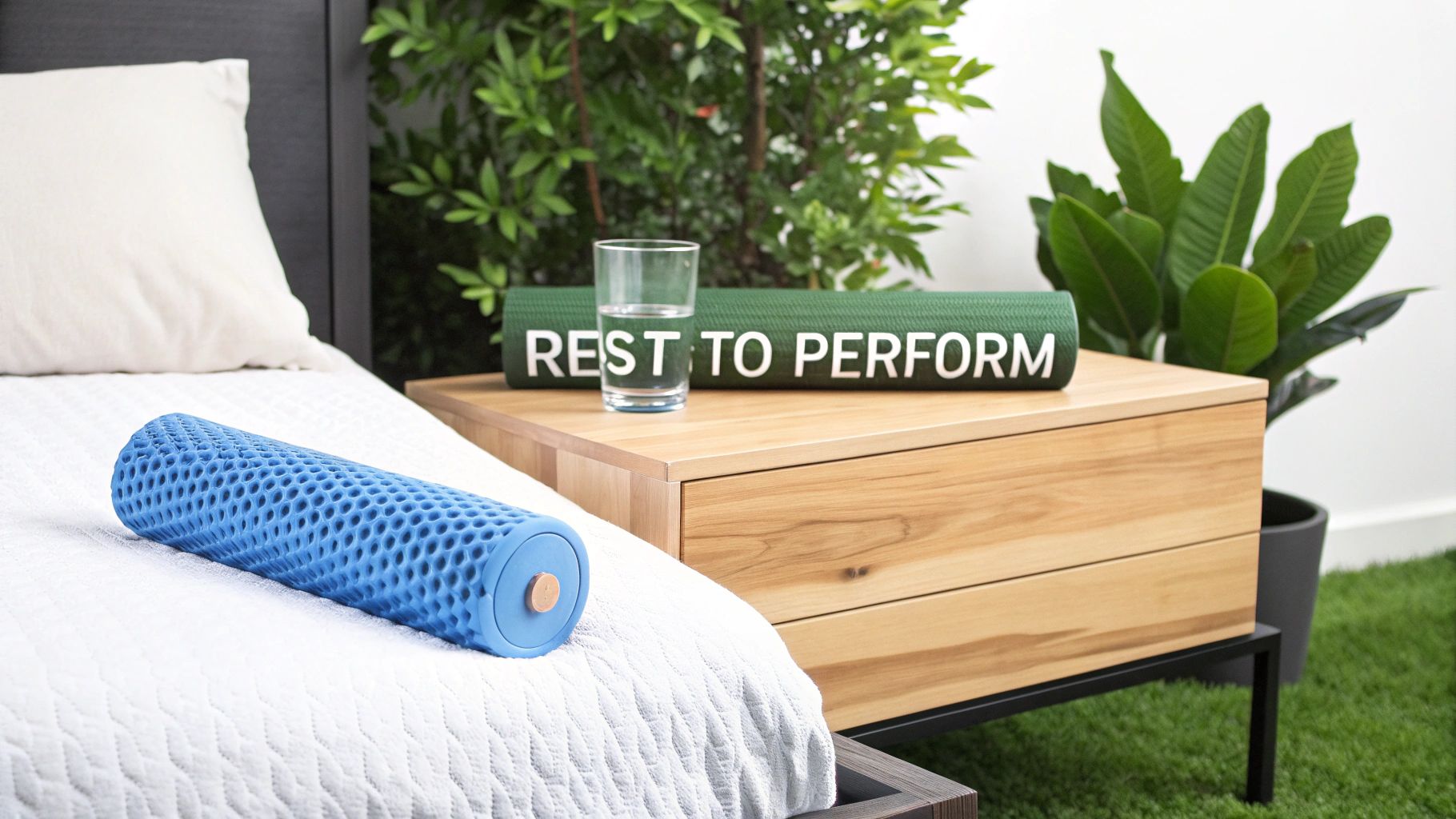 Blue foam roller on a bed next to a nightstand with a water glass and 'REST TO PERFORM' mat.