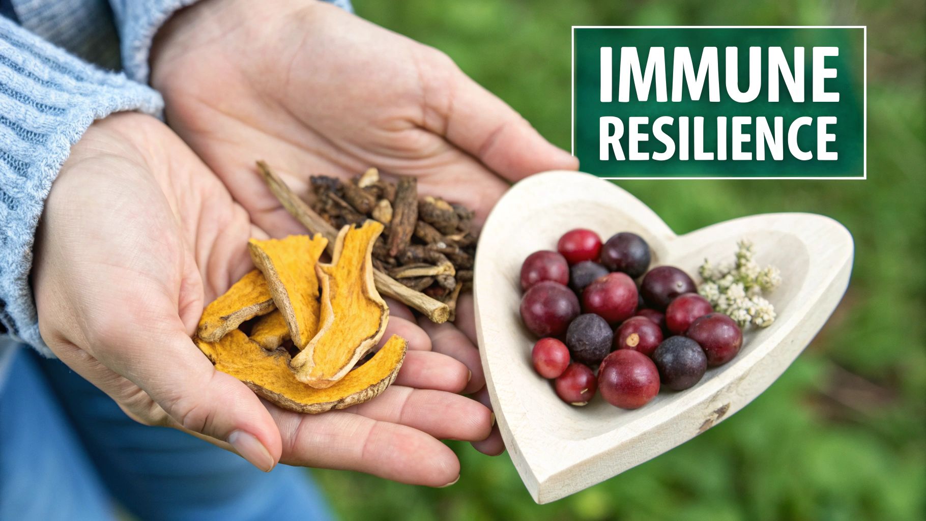 A person feeling healthy and vibrant, surrounded by illustrations of fruits and vegetables that boost immunity.