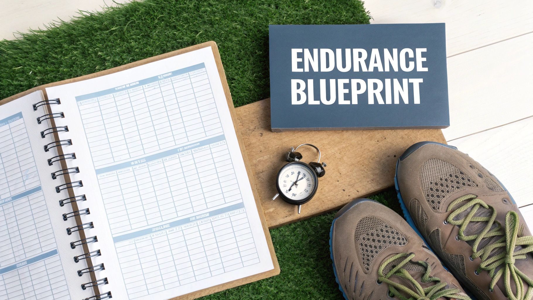 Flat lay of an 'Endurance Blueprint' book, workout planner, running shoes, and alarm clock on grass.