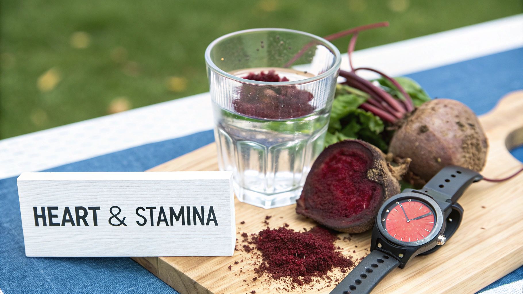 A white sign with 'HEART & STAMINA' next to beetroots, beetroot powder, water, and a watch on a wooden board.