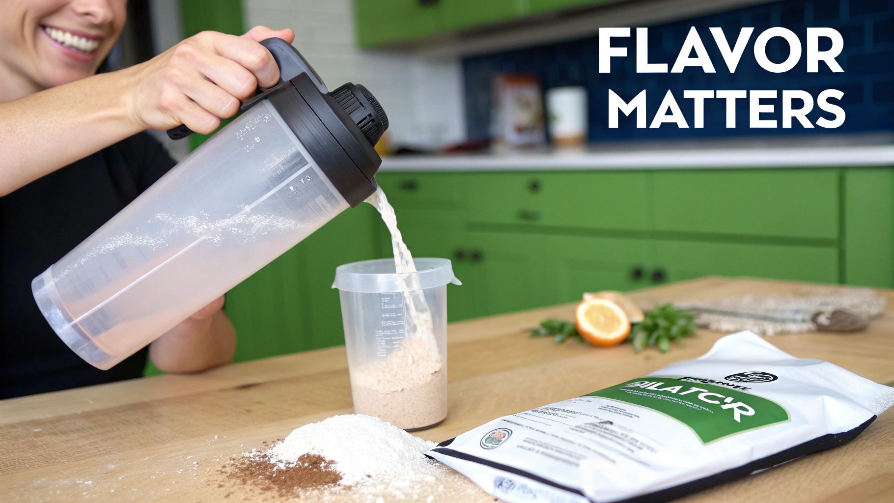 Person pouring supplement drink from shaker into cup, with powders and a branded bag on a wooden table.