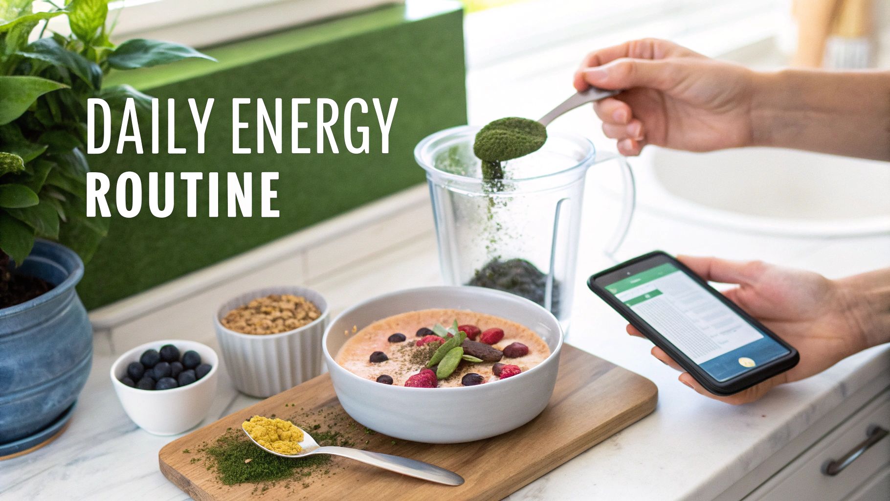 Person preparing a healthy superfood smoothie bowl with berries, green powder, and checking a phone app.