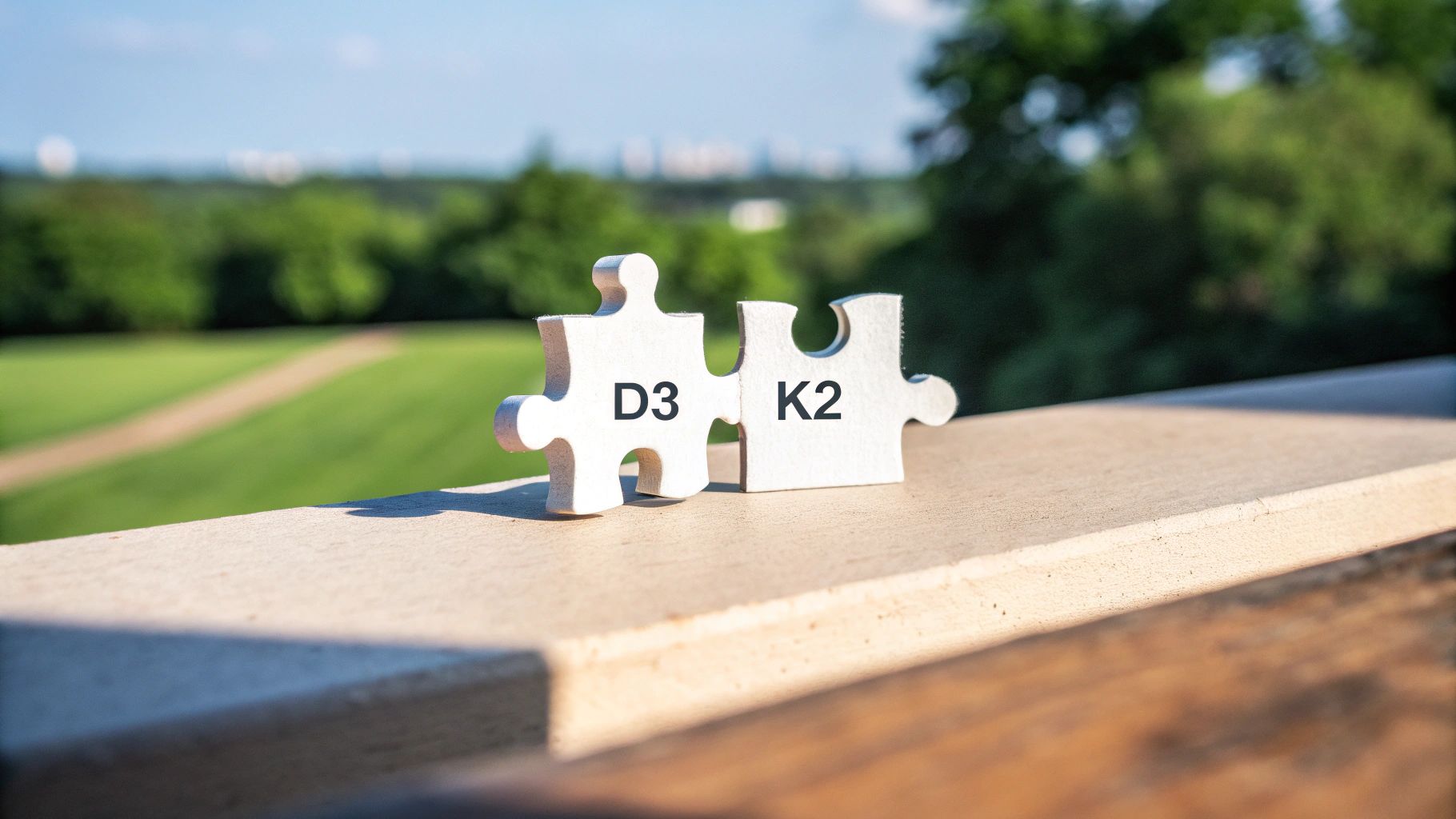 Close-up of Vitamin D3+K2 softgel capsules in a clear bottle, with a bright, clean background.