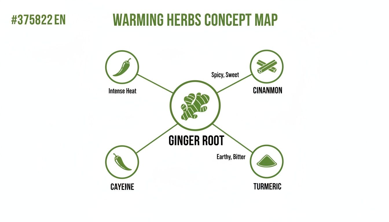 A warming herbs concept map showing ginger root connections to cayenne, cinnamon, and turmeric.